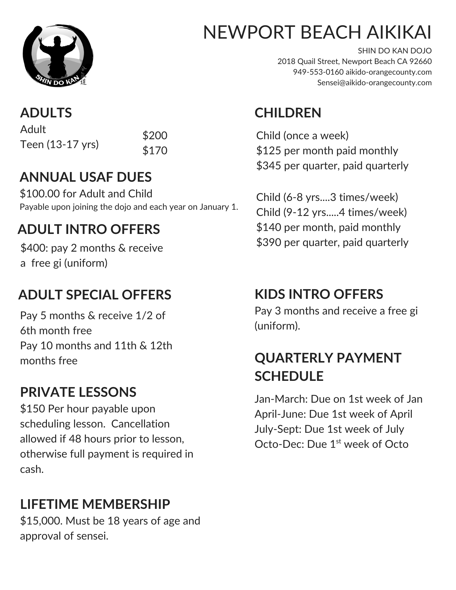 2025 Newport Beach Aikikai Pricelist.pdf Aikido Training Fees
