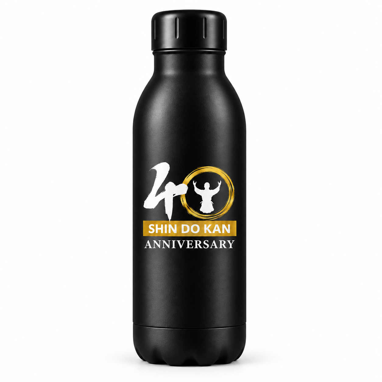 Aikido Shin Do Kan 40th Anniversary insulated water bottle in black with the gold anniversary logo