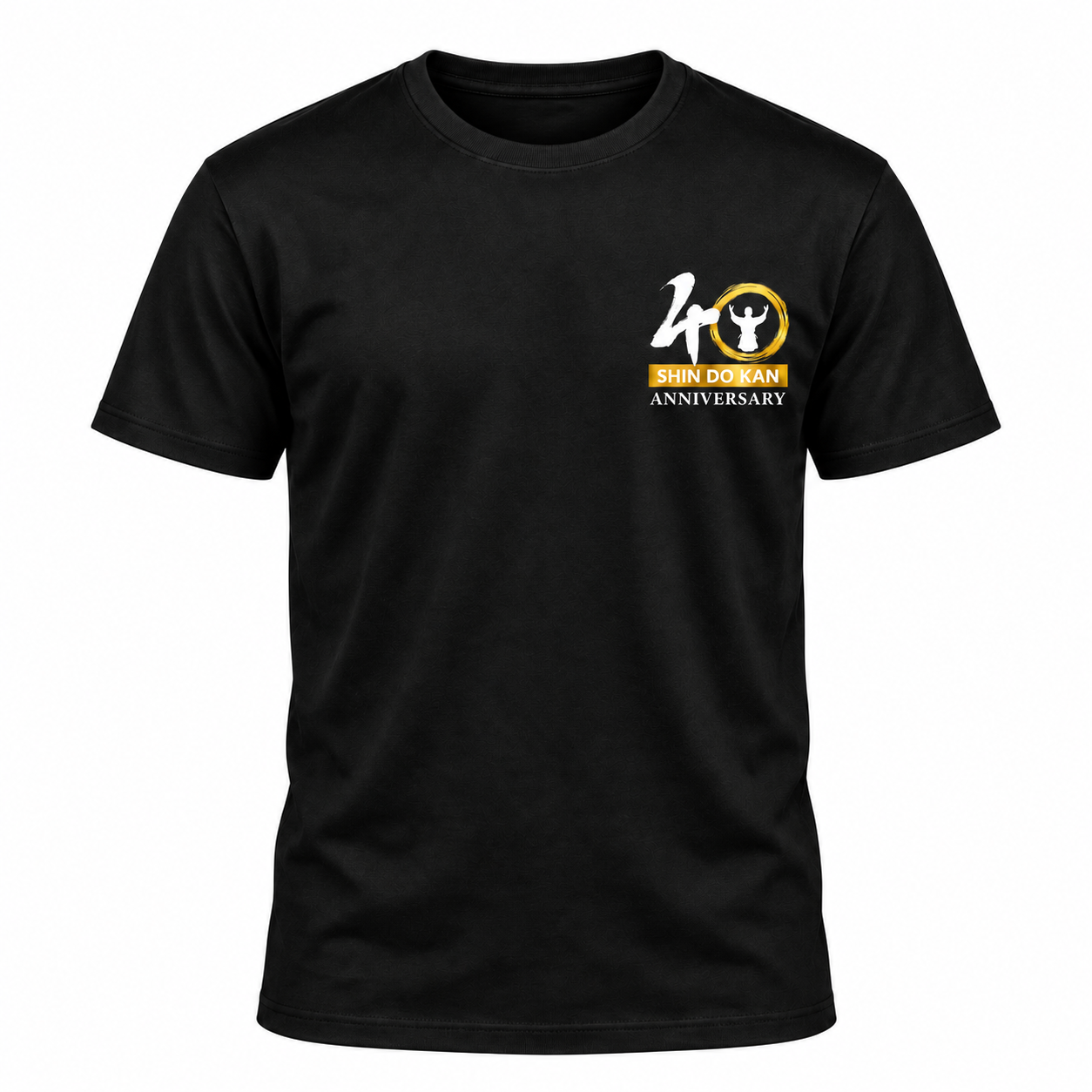 Aikido Shin Do Kan 40th Anniversary T-shirt in black with the gold anniversary logo